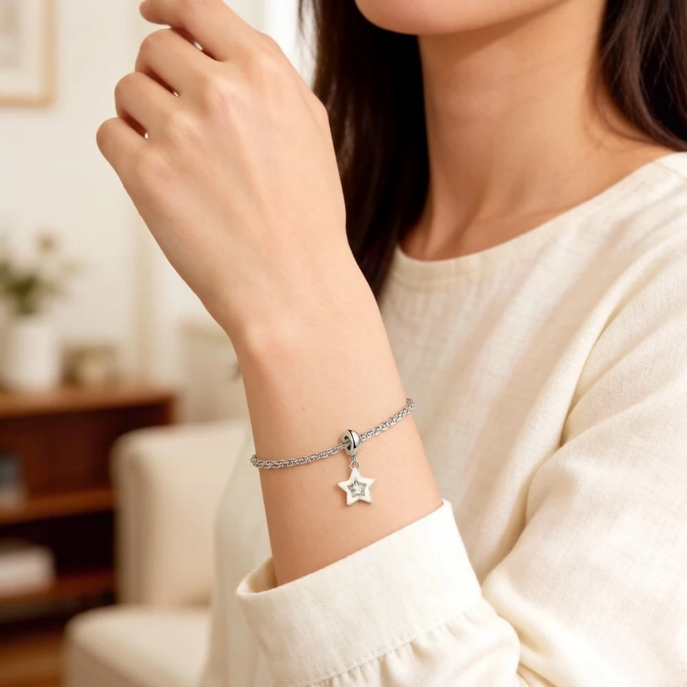 Baumelnder Charm-Anhänger mit weißem Stern, heißer Verkauf, Europa, feines europäisches romantisches Geschenk für Frauen aus reinem 925er-Sterlingsilber – Detail 2