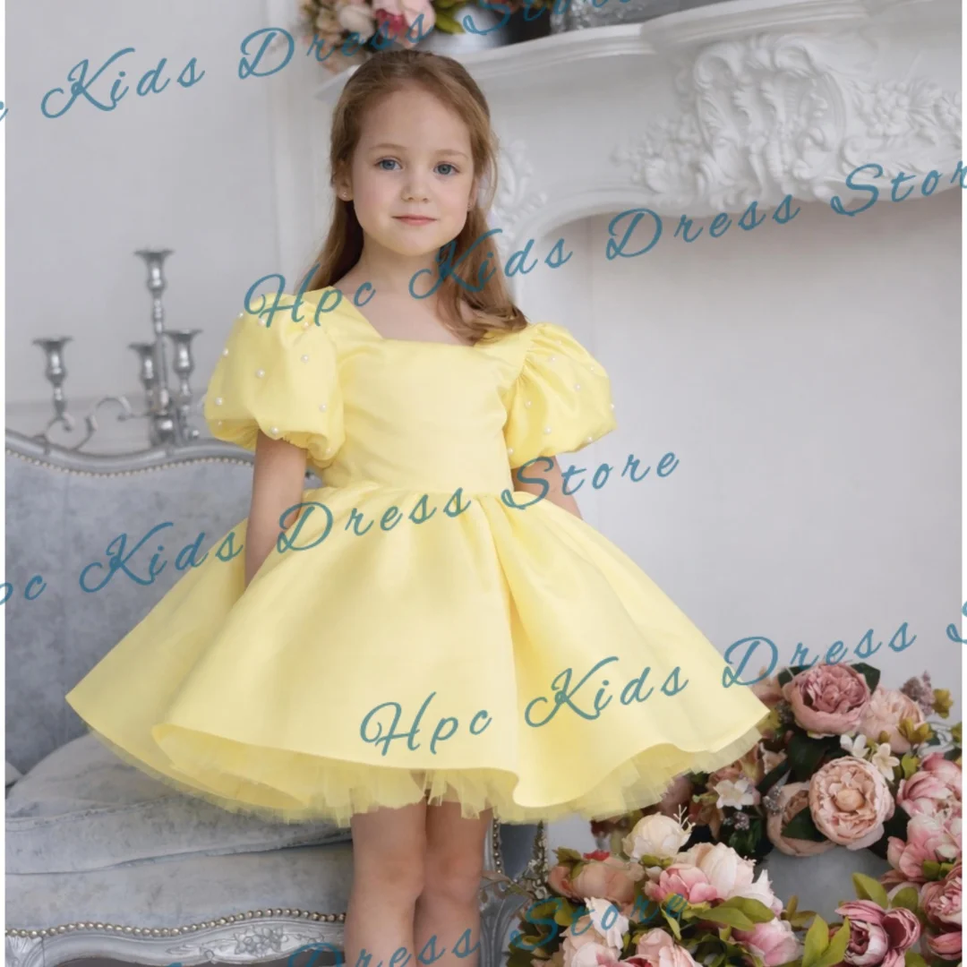 Custom Yellow Satin Flower Girl Dress with Pearl Puff Sleeves and Tulle Skirt for Wedding Party