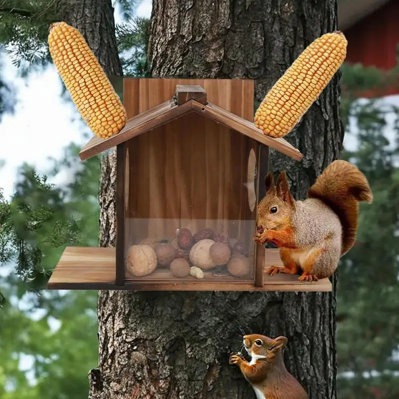 Squirrel Feeders House Wooden Squirrel Feeder Winter Feeding House Funny Table Feeder Large Feeder Box For Corn & Nuts