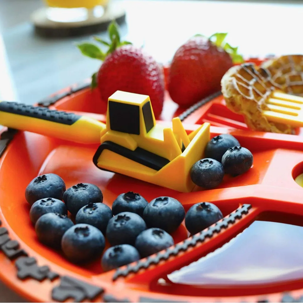 Toddler Construction Plate Set (4-Pieces) - Fun Bulldozer & Forklift Design, Unbreakable Melamine Dinnerware for Boys & Girls