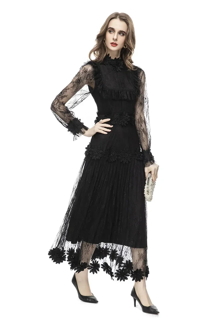 

Summer Fashion Designer Black Mesh Dress Women's O-Neck Perspective Long Sleeve Appliques Ruffles Vintage Long Dresses