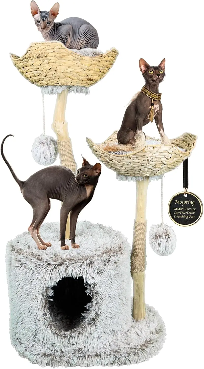 

Cat-Tree Tower Modern Cat Furniture Real Wood Branch Scratching Post Large Cat Condo Multi-Cat Perch Gray 46”