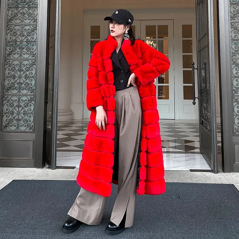 

Hot Sales New Women Real Rabbit Fur Coat Thick Warm Overcoat Long Style Stand collar Natural Fur Jacket Luxury Rabbit Outerwear