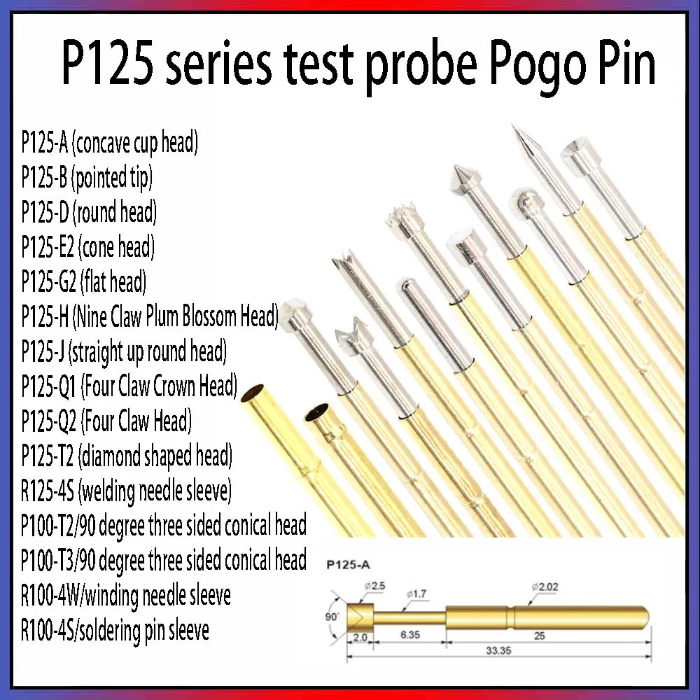 10PC Pogo Pin Test Probe P125 P100 R100 R125 Retractable Spring Top Needle P125-A P125-B P125-D P125-E2 P125-G2 H P125-J P125-Q1