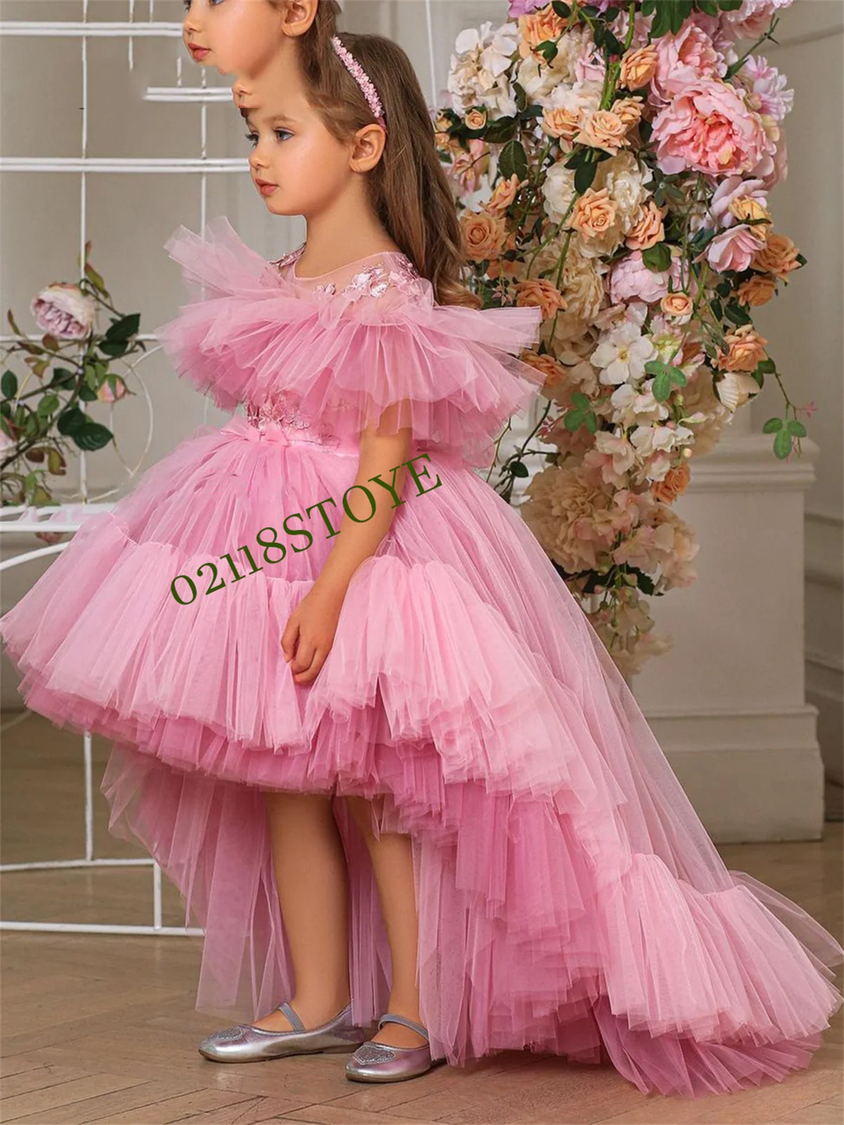 Pink Flower Girl Dresses Tulle Puffy High-Low Style Princess Dress Cute Baby Girl Party Dress First Communion