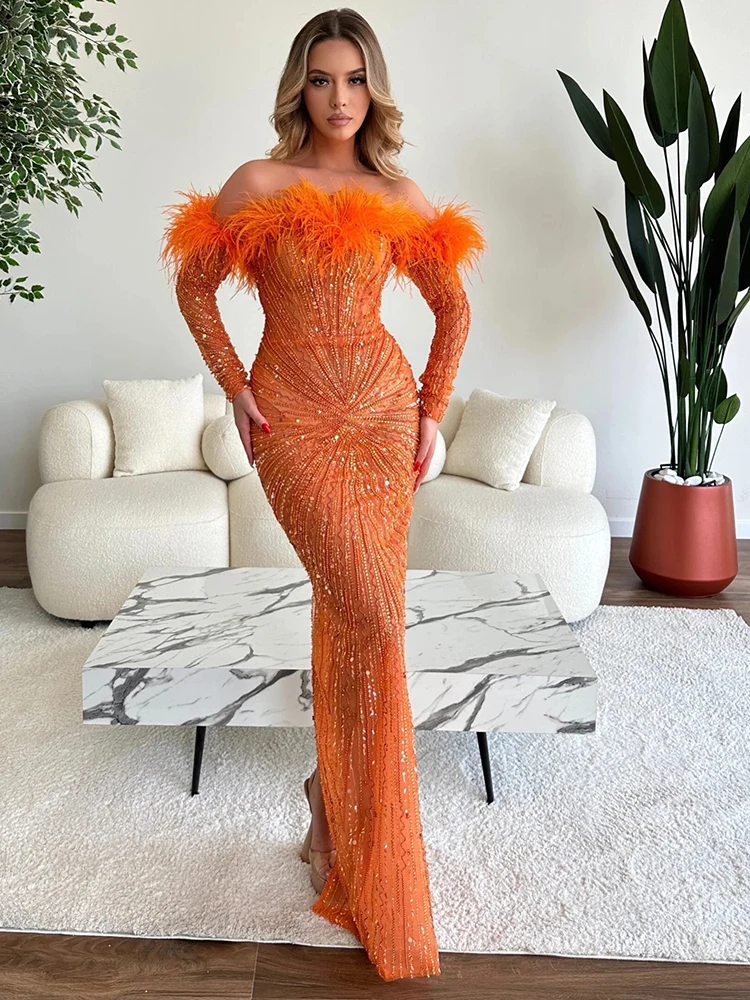 VC Off Shoulder Mesh Sequins Feather Maxi Long Orange Bodycon Dress Elegant Party Evening Ball Gowns