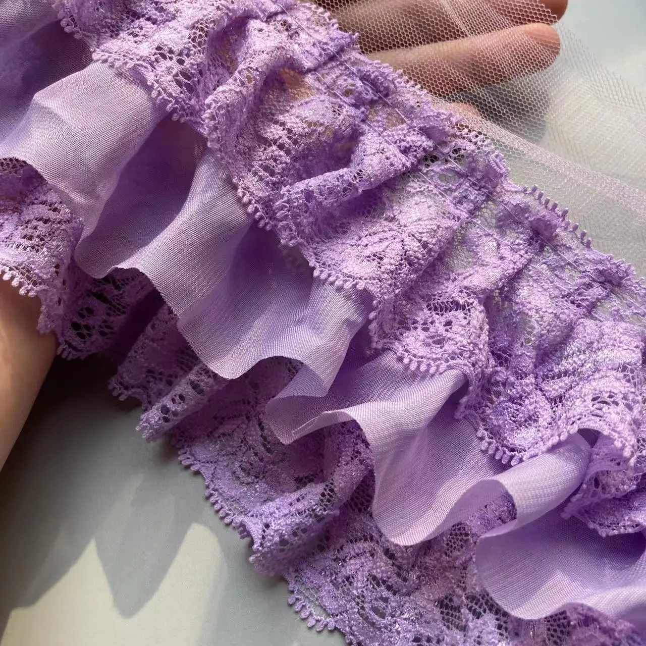 1 Yard Purple Three Layers Pleated Lace Trim Chiffon Fabric Embroidery Fringe Ribbon Collar Ruffle DIY Curtains Sewing Decor