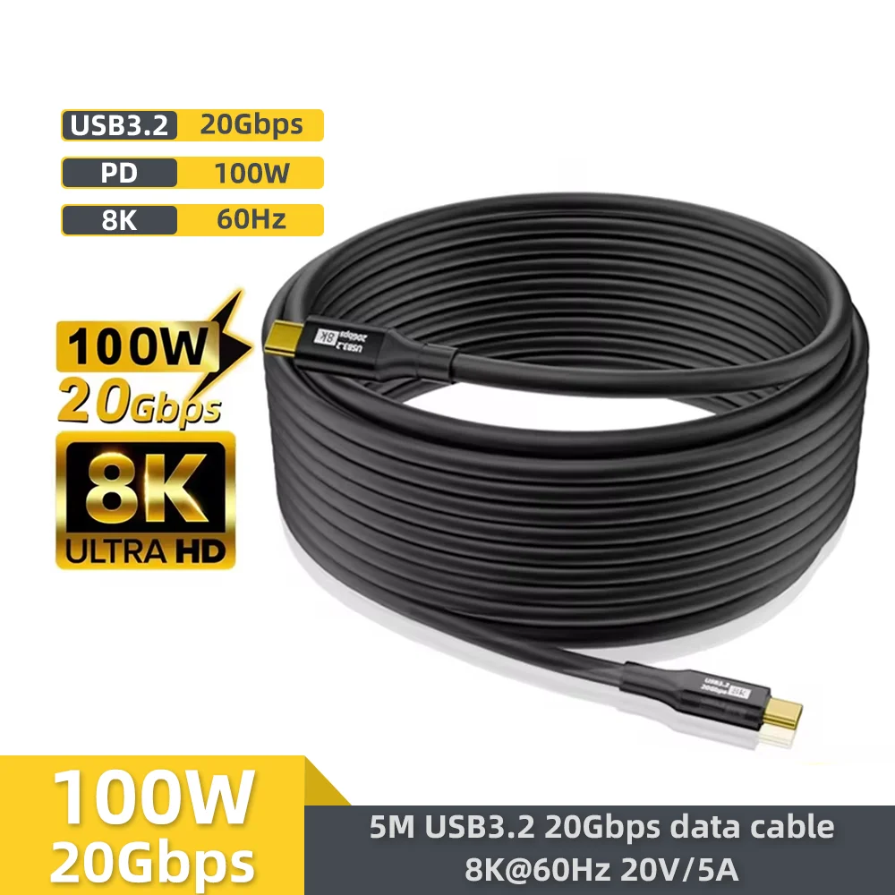 5M USB 3.2 20Gbps Type C to Type C Cable 8K@60Hz PD100W 20V USB-C Cable Cord For PC Laptop iPhone 15 Pro Max MacBook Samsung