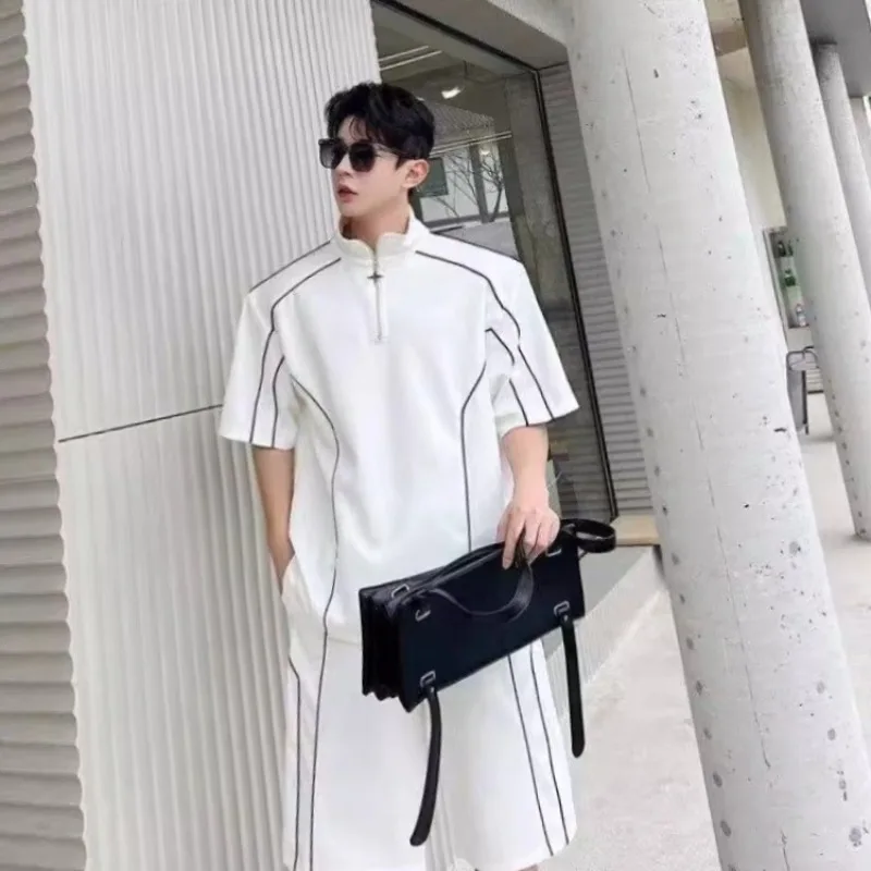 Korean Inspired Men's Sportswear Set Loose Fit Half Zip T-Shirt Shorts Casual Summer Outfit Trendy Breathable Quick Dry 2 Piece view 5