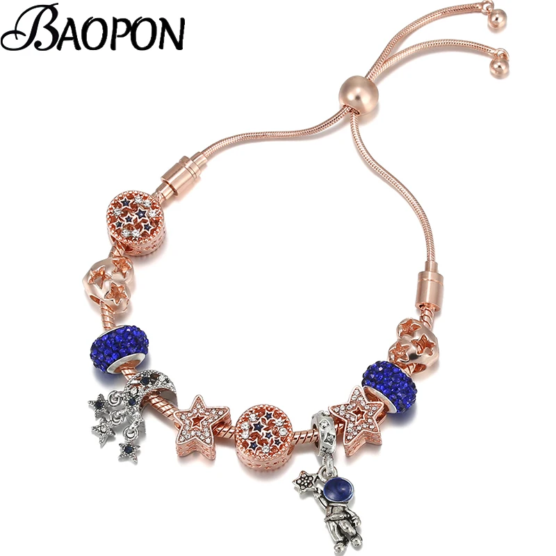 

High Quality Blue Adjustable Bracelet Crystal Star Moon Beads Astronaut Pendant Charm Bracelet For Women Jewelry Dropshipping
