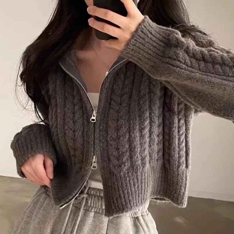 Twists Sweater Coat Female Korean Fried Dough Autumn Winter Retro Temperament Student Double Zipper Solid Knitting Cardigan Top