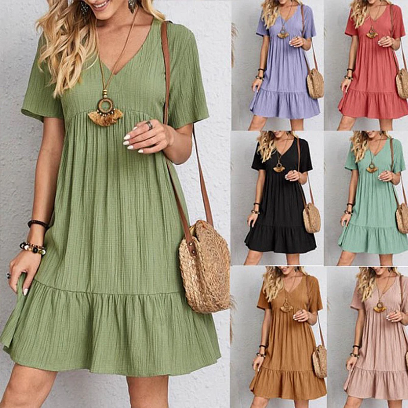 

New Summer Women Solid Color Dress Causal Loose Short Sleeve Mini Dresses Cotton Linen V-Neck Basic A-line Beach Party Vestidos