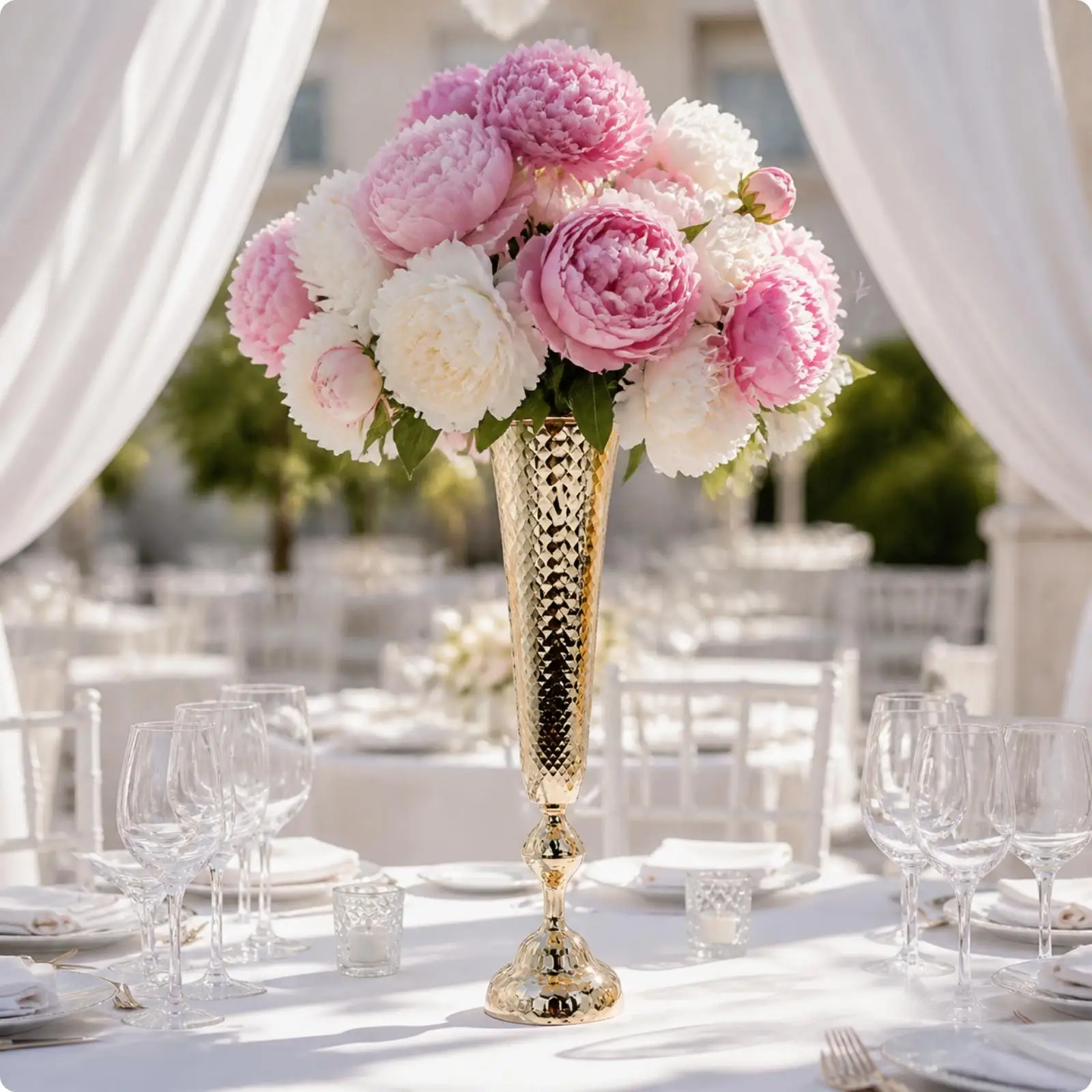 Tall Gold Iron Floor Vase for Living Room Decor Metal Flower Vase with Flared Rim Diamond Texture and Stable