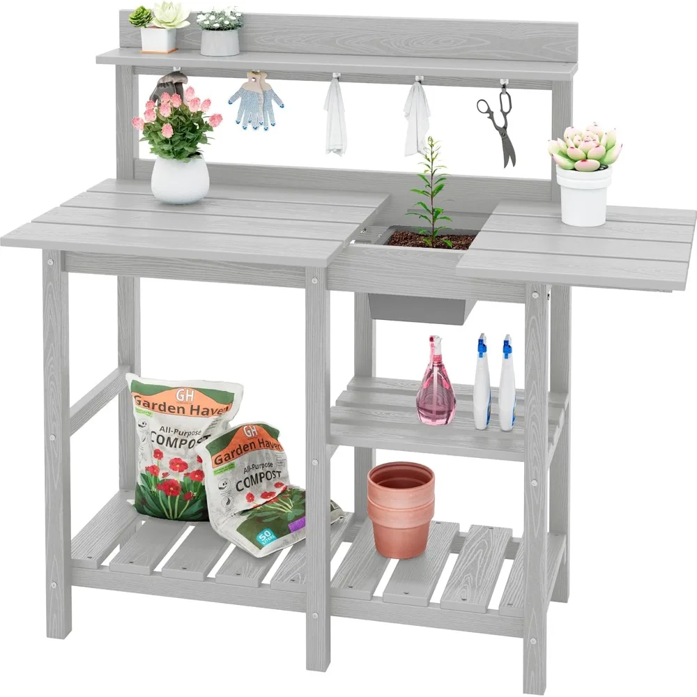 

Potting Bench Outdoor Potting Table with Sink, HDPE Potting Benches for Outside Gardening Table All Weather Use- Spanish Gray