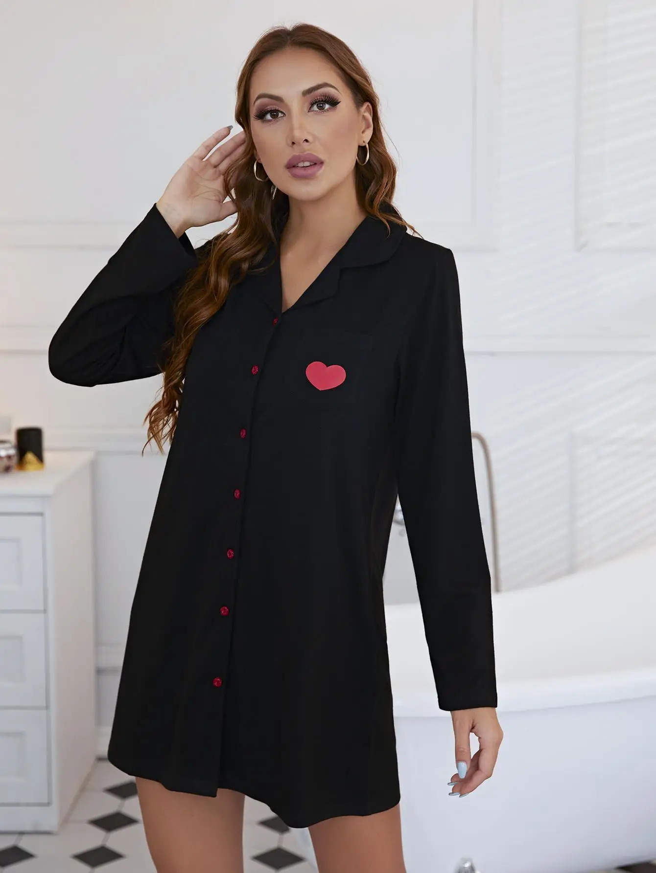 Heart Print Women\'s Pajamas Dress Front Button Down Black Sleepwear Notched Collar Nightgown Long Sleeve Nightwear Homewaer Suit