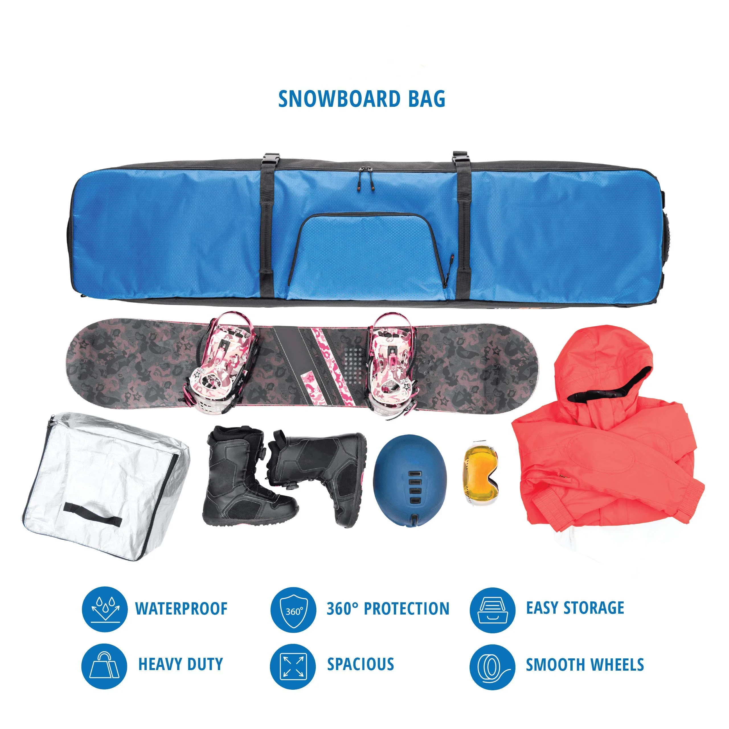 Padded Snowboard Bag with Wheels for Air Travel, Waterproof Roller Snowboard Bag, Rollup Space Saver