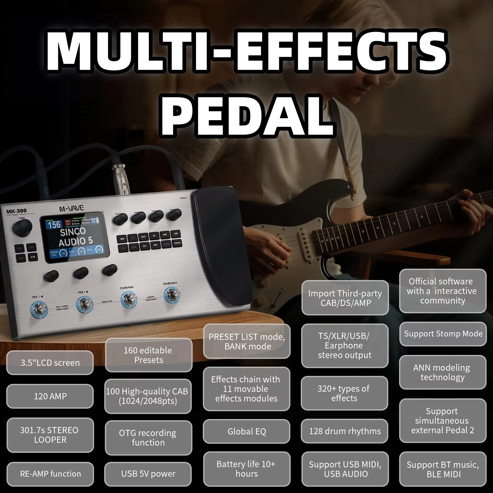 M-VAVE MK-300 Guitar Bass Multi Effects Pedal ANN Modeling AMP Sim MIDI Drum Looper for Live Performance