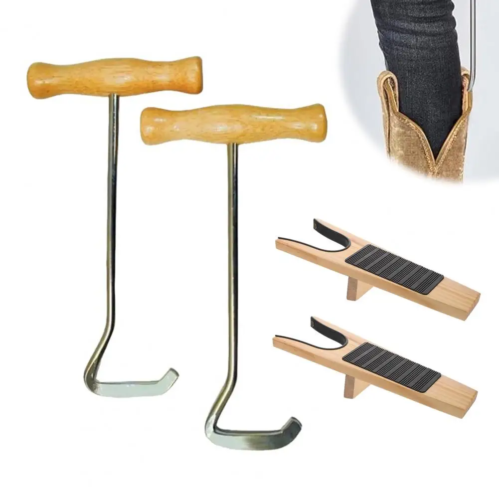 Easy Grip Shoe Helper Boot Jack with Long Handle Portable Shoehorn for Easy Removal Non-slip Grip Iron Boot Removal Tool Wooden
