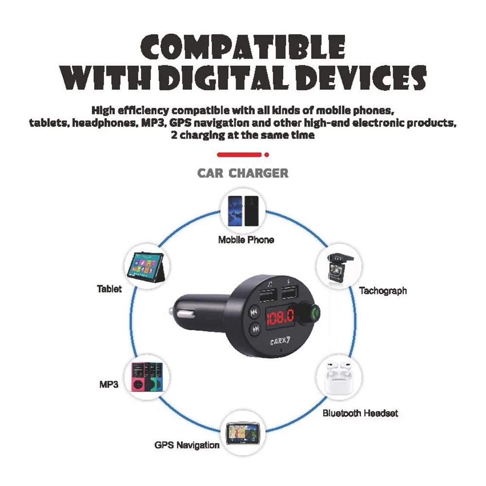 جهاز إرسال FM للسيارة بالبلوتوث ، مشغل شاحن سيارة USB ، محول هاتف لاسلكي غير يدوي للآيفون ، وسامسونج ، وشاومي ، وهاواوي ، ومشغل MP3 #5