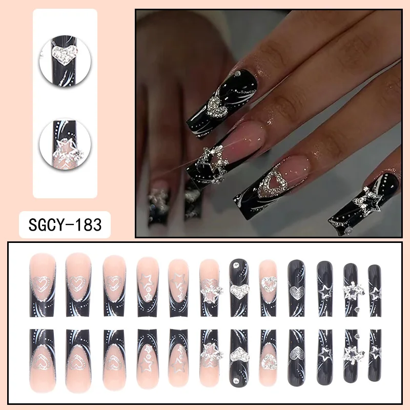 Fashionable Set Of 24 Rectangle Shaped Black French Nail Tips With Glitter & Silver Butterfly Rhinestone Decoration