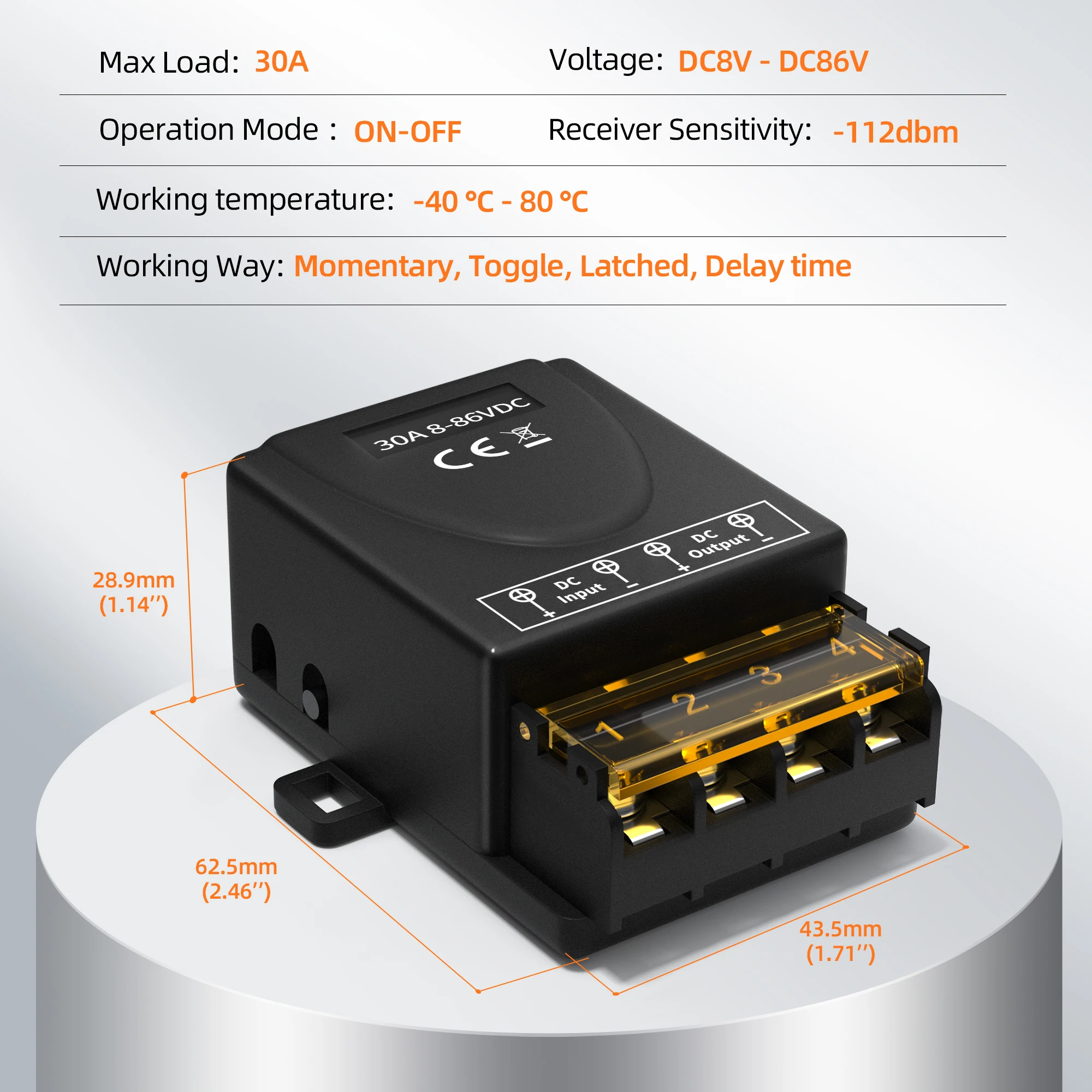 Wireless Remote Switch DC 8V/12V/24V/48V/72V/86V 30A Relay RF Remote Control 328ft Long Range for Anti-Theft Alarms Security