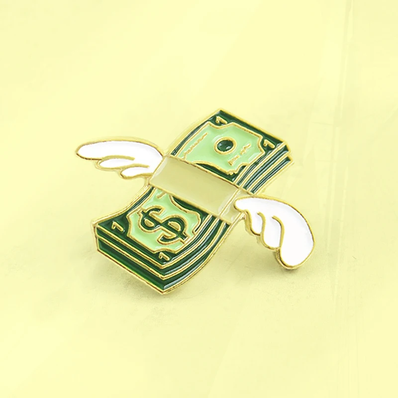 Enamel Brooch Fashion Pin Backpack jewelry Aretes Brincos Bijoux Gift Angel Wings Banknote Dollar Pin Angel wings Bundled