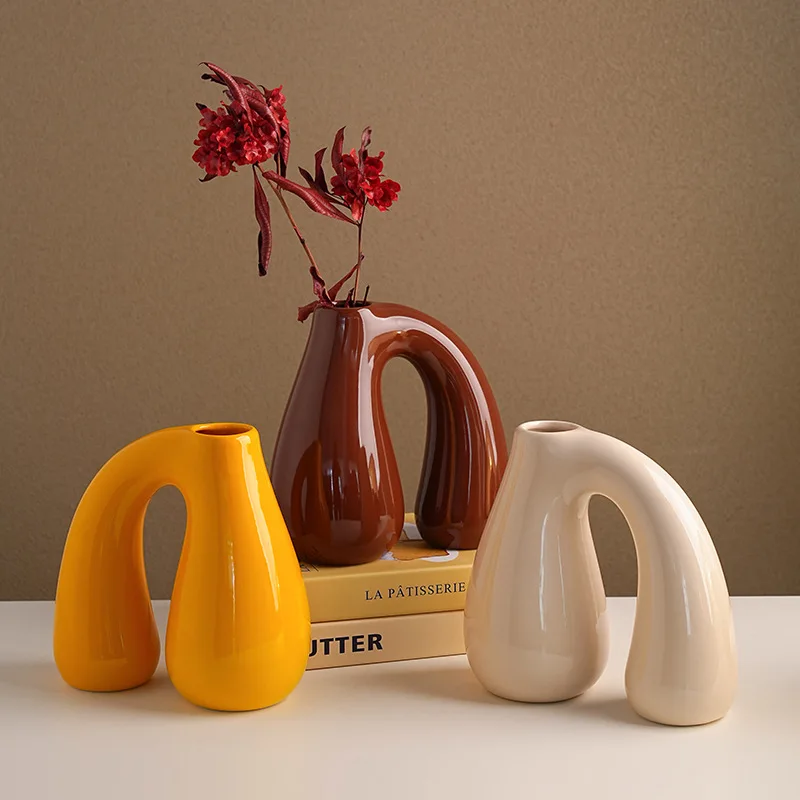 N-shape Ceramic Vase Desktop Decoration Plant Pots Artificial Flowers Arrangement Living Room Ornaments Arrangement Floral Vases