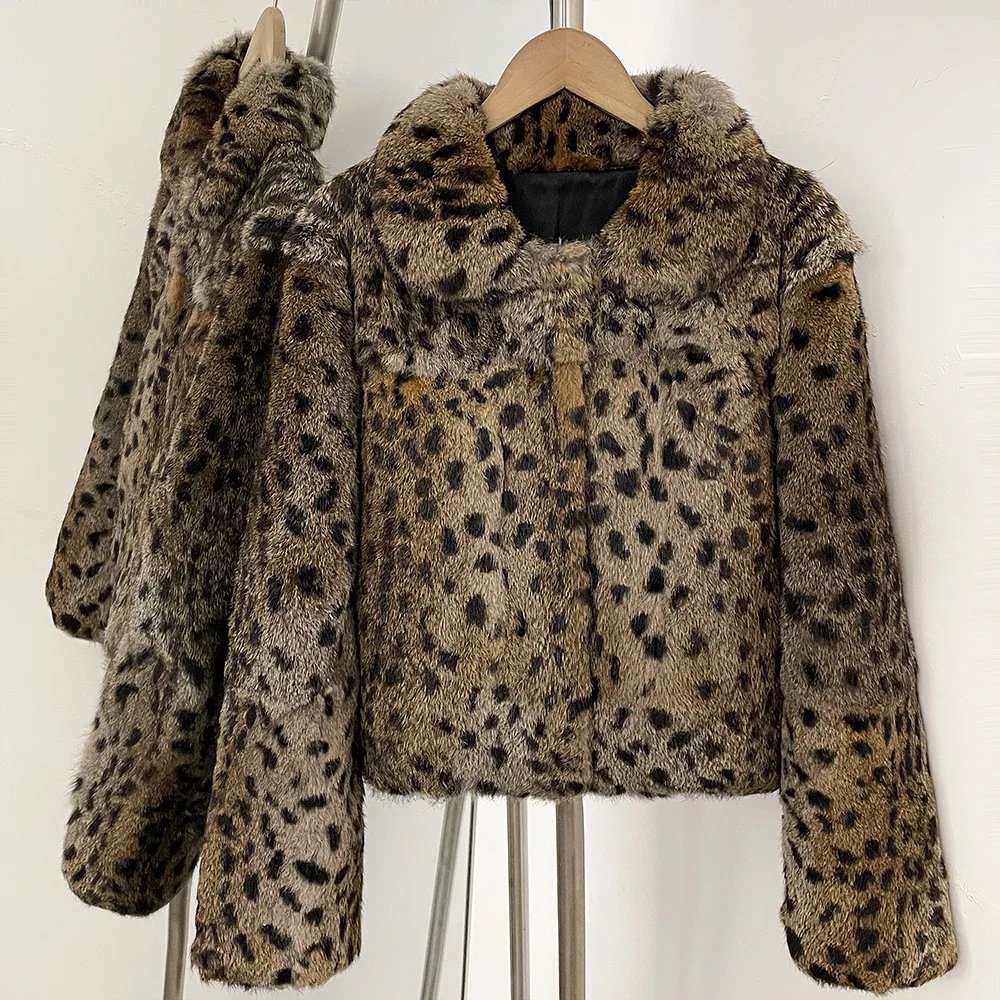 OFTBUY Peter-Pan-Kragen Kurze Winterjacke aus Natürlichem Kaninchenfell für Damen Leopardenmuster Echter Kaninchenfellmantel Neue Kleidung Warm für Frauen – Detail 9