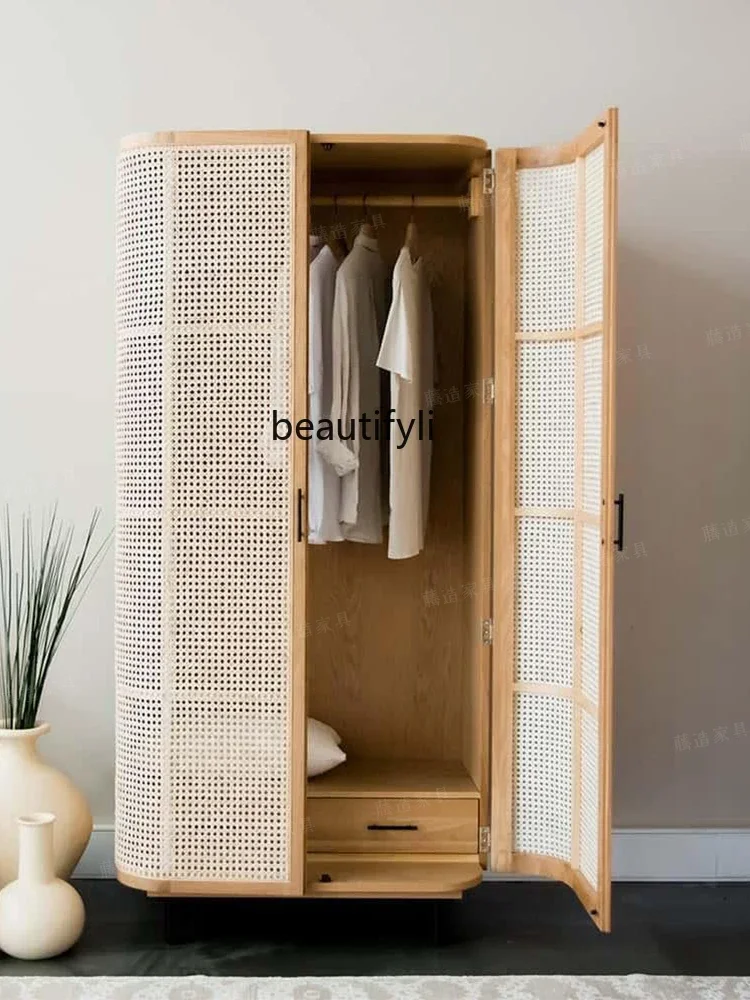 Solid Wood Rattan Wardrobe Double-Door Single Minimalist Storage Double Door Log BreathableA