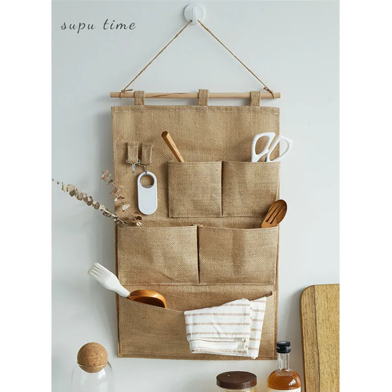 

5/7 Pockets Cotton Linen Fabric Wall Door Hanging Bag Organizer Storage Pouches Jute Wardrobe Closet Storage Sundries Bag