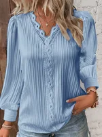 Élégant été dentelle creuse Patchwork femmes chemise Chic Blouse col en V à manches longues chemise plaine dentelle décontracté basique régulier hauts 5