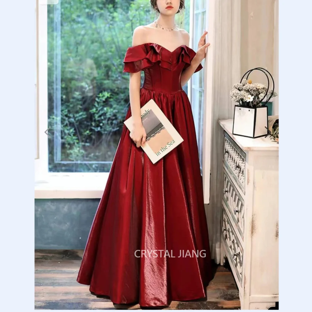 

Vintage Long Burgundy Off the Shoulder Satin Evening Dresses Short Sleeves Lace Up A Line Floor Length Vestidos De Noite