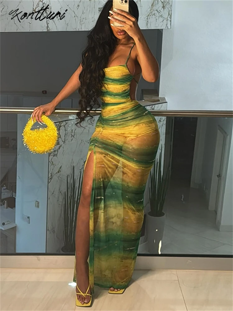 Kontturi Summer Sexy Spaghetti Strap Cut Out Dresses For Women 2024 Sleeveless Backless Bandage Dress Green Bodycon Maxi Dress