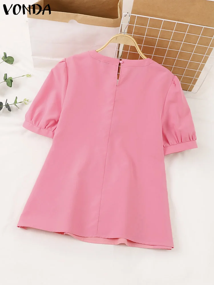 VONDA Women Blouse 2024 Fashion Summer Tunic Casual Solid Color Shirts Ruffled Tops Bandage Loose O-Neck Elegant Blusas Feminina