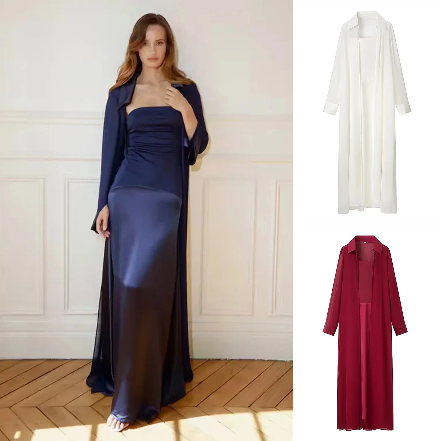 

Summer New Women's Holiday Style Long Sleeve Transparent Cover up Maxi Tube Dress Set Turn down Collar Fashionable Spring Outfit