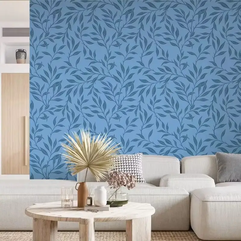 Blue Leaves Aesthetic Wallpaper, Vintage Elegant Leaf Pattern Wall Mural For Home Decoration. Self-adhesive Or Tradition Papers