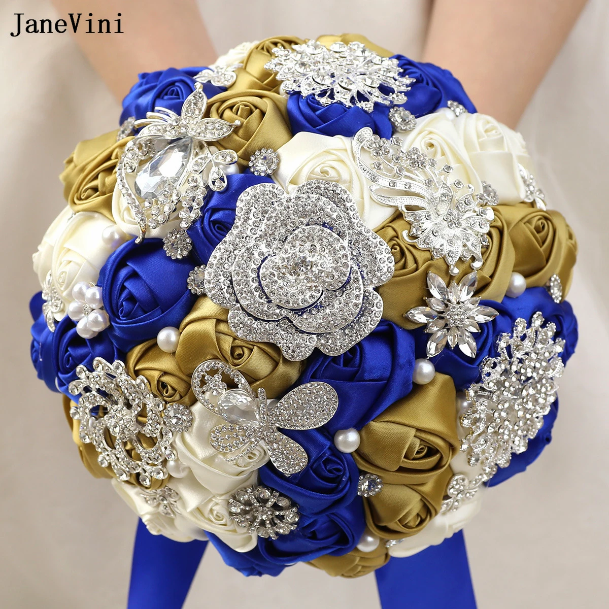 

JaneVini Bling Bling Silver Diamond Royal Blue Bridal Bouquets Artificial Satin Roses Flowers Wedding Brooch Bouquet for Bride