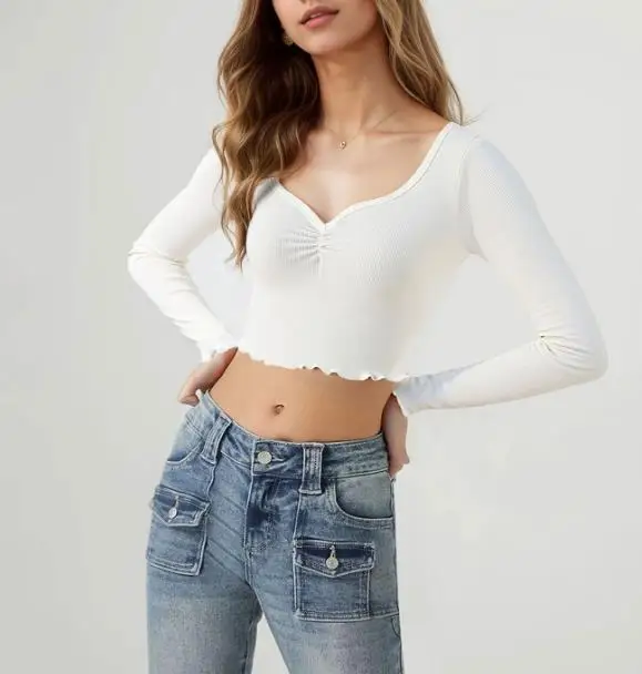 

Women's Top Spring New Fashionable Elegant Sexy Ear Ear Edge Decoration V-Neck Slim Fit Open Umbilical Long Sleeve T-Shirt
