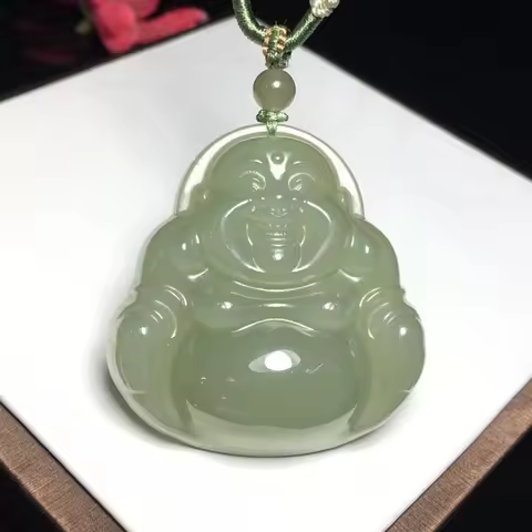 Full Hetian Jade Pendant Maitreya Big Belly Laughing Buddha Necklace