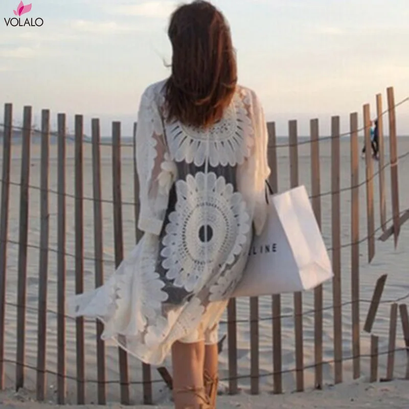 VOLALO Black Sunflower Crochet Bikini Cover Up Sexy Swimsuit Beach Dress Women 2024 Summer Bathing Suit Beachwear Tunic Shirt