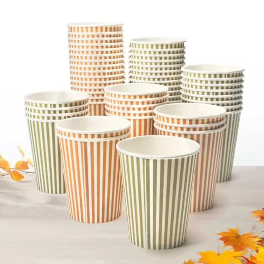 

Sage Green Orange Striped Paper Cups Pastel Fall Themed Party Cup for Forest Friends Autumn Birthday Tableware Ideal for Fall W