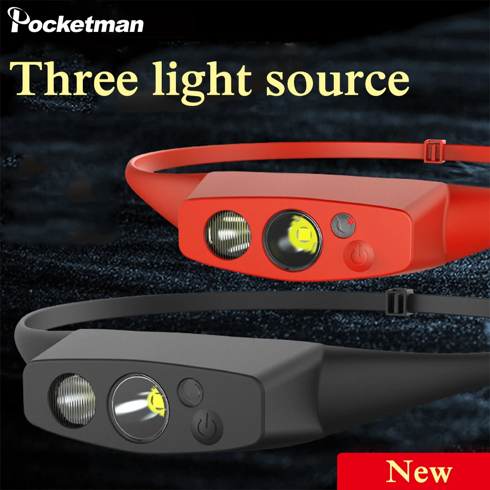 New Red/White/Yellow Three-light Source LED Headlamp Comfortable Lightweight Type-C USB Rechargeable Headlight Fishing Head Lamp