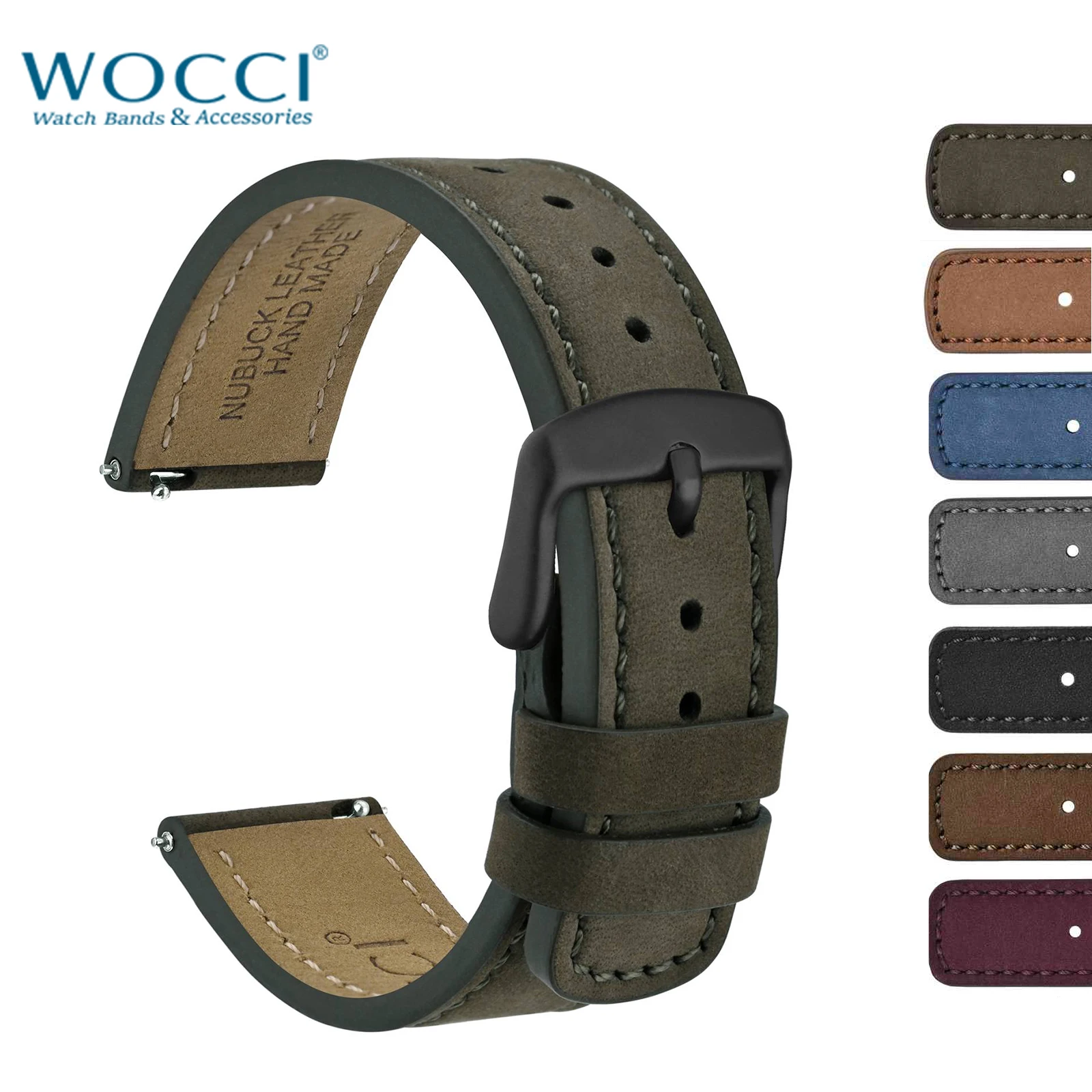 WOCCI Nubuck Cowhide Watch Band,18mm 20mm 22mm Watchband,Black Brown Green,for Samsung Fossil Q Michael Kors,Quick Release