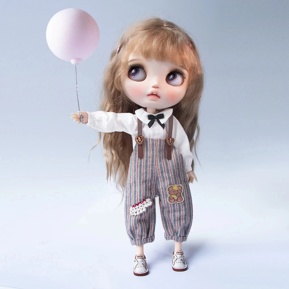 Blyth Clothes casual teddy bear striped jumpsuit Licca Azones Ob22 24 Ob27 doll accessories long sleeved lace collar shirt