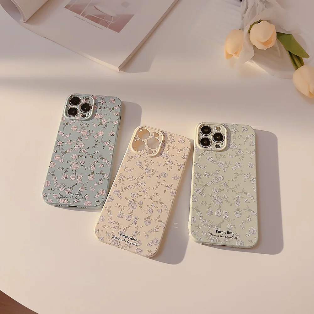 Koreanische Vollbild-Rosenblumen-Telefonhülle für iPhone 16, 15, 14 Plus, 13, 12, 11 Pro Max, Silikon, weiche, stoßfeste Schutzhülle