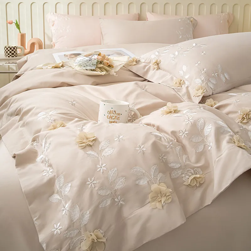 Three-dimensional Lace Flowers Bedding Set Luxury Egyptian Cotton Embroidery Duvet Cover Bed Sheet Pillowcases Queen King Size