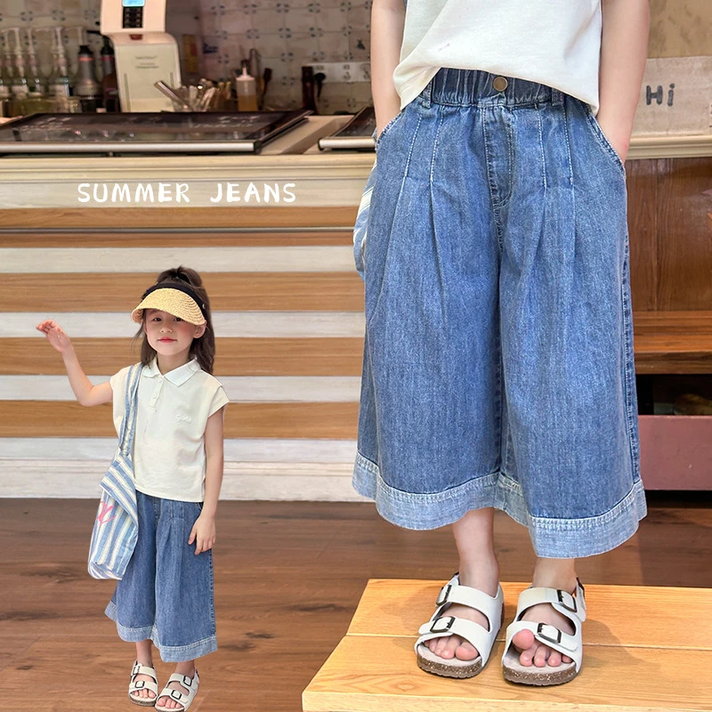 

Girl Jean Pant 2024 Summer New Girls Fashion Loose Capri Pants Children Korean Patchwork Denim Wide-leg Pants Baby Girl Jean