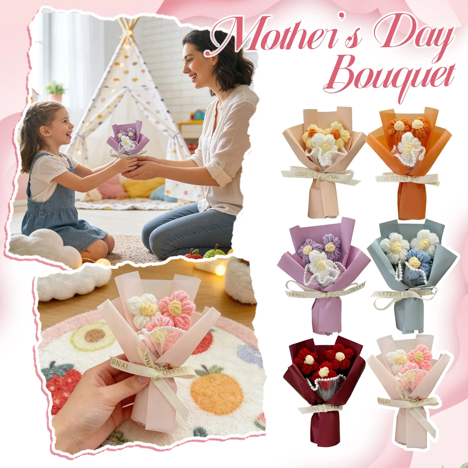 Crochet Flower Bouquet Mothers Day Gift Mini Knitted Flower Bouquet Teachers Day Present Fake Flower Arrangement Decor Gift