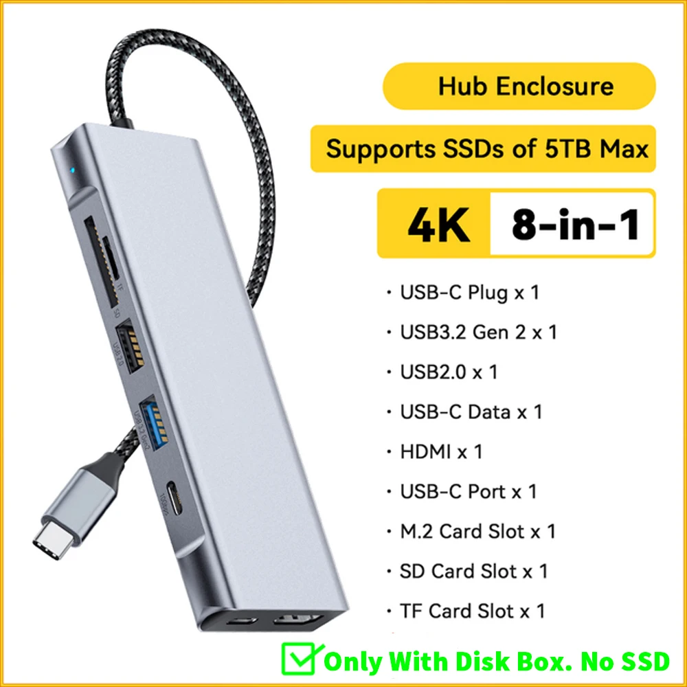 SUNKANDI The Universe 8-in-1 laptop USB-C hub met 10Gbps externe harde schijf functie voor M.2 PCIe NVMe en SATA SSD