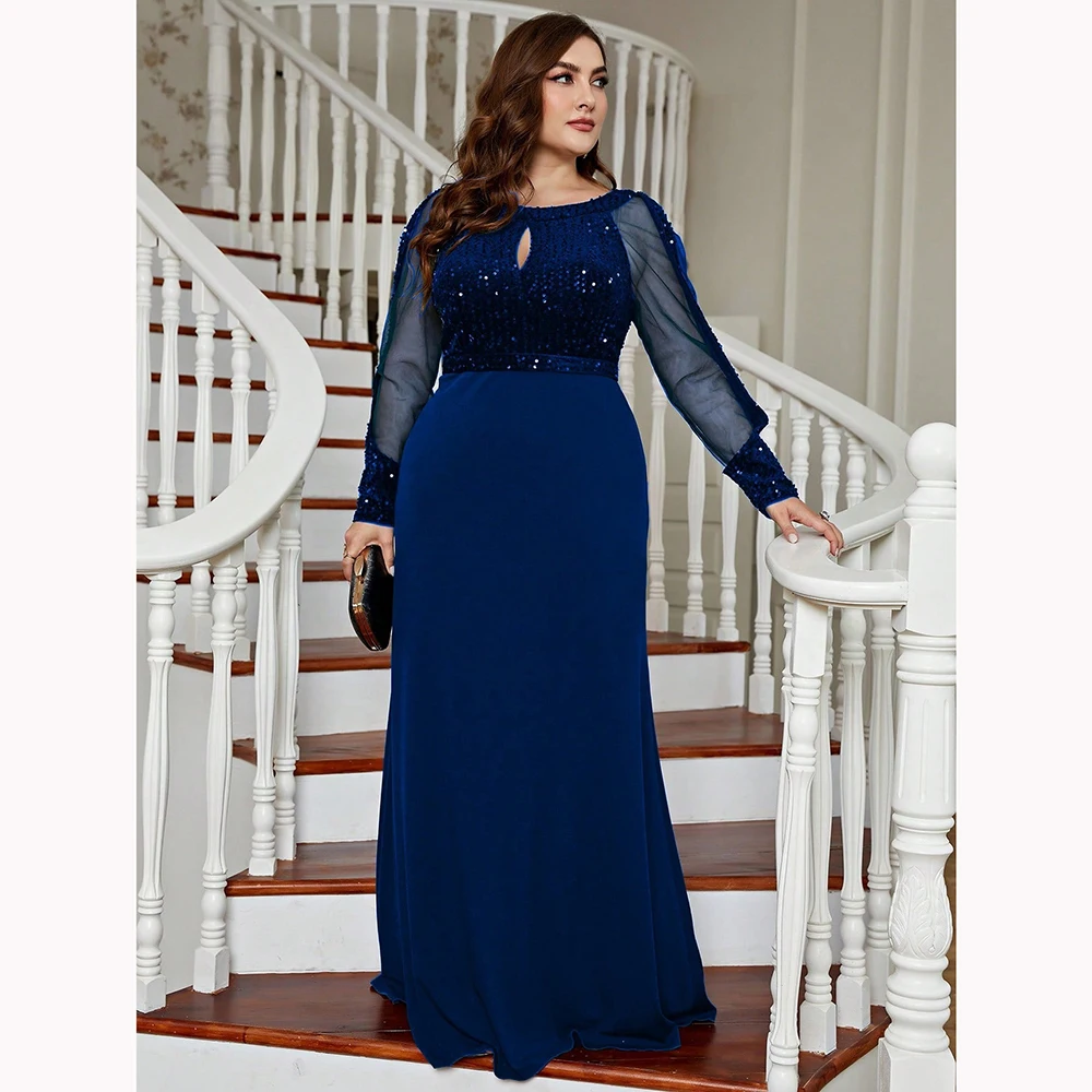 فساتين نسائية بمزاجية مقاس كبير ورقبة دائرية وأكمام طويلة فستان شفاف مزين بالترتر على شكل حرف a أنيق للحفلات المسائية